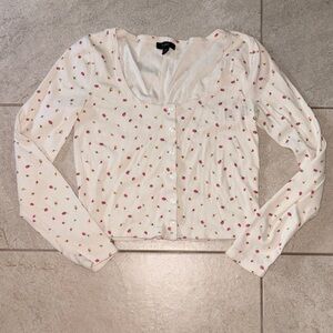 J. Crew Cream Button-Front Cardigan with Pink Dot Floral Print